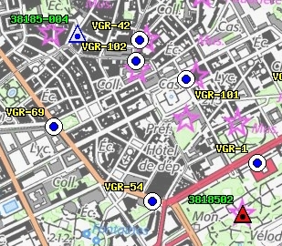 extrait de carte présentant des points géodésiques et repères de nivellement IGN et partenaire.